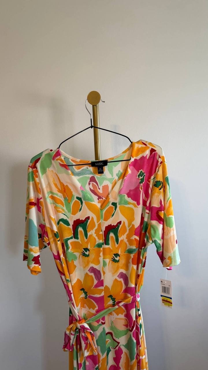 MSK Floral Print Tie Waist V‑Neck Midi Dress Multicolor XL $69 NWTMSK Floral