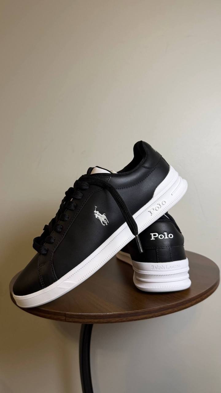 Polo Ralph Lauren Heritage Court II Leather Sneakers Black White 8.5 NWB $145