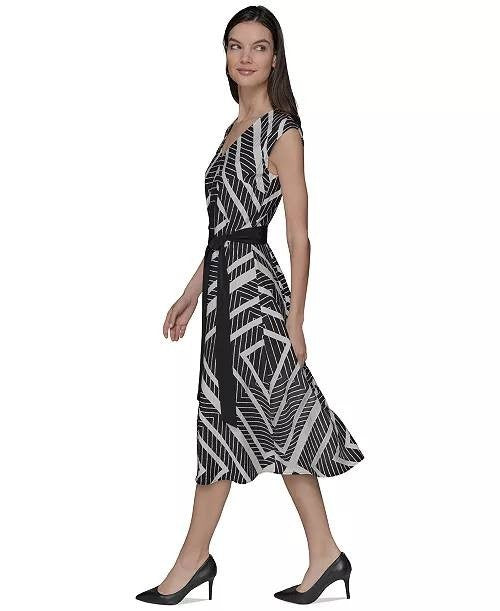 Karl Lagerfeld Paris Geo‑Print Belted V‑Neck Midi Dress Black/White XS NWT $159