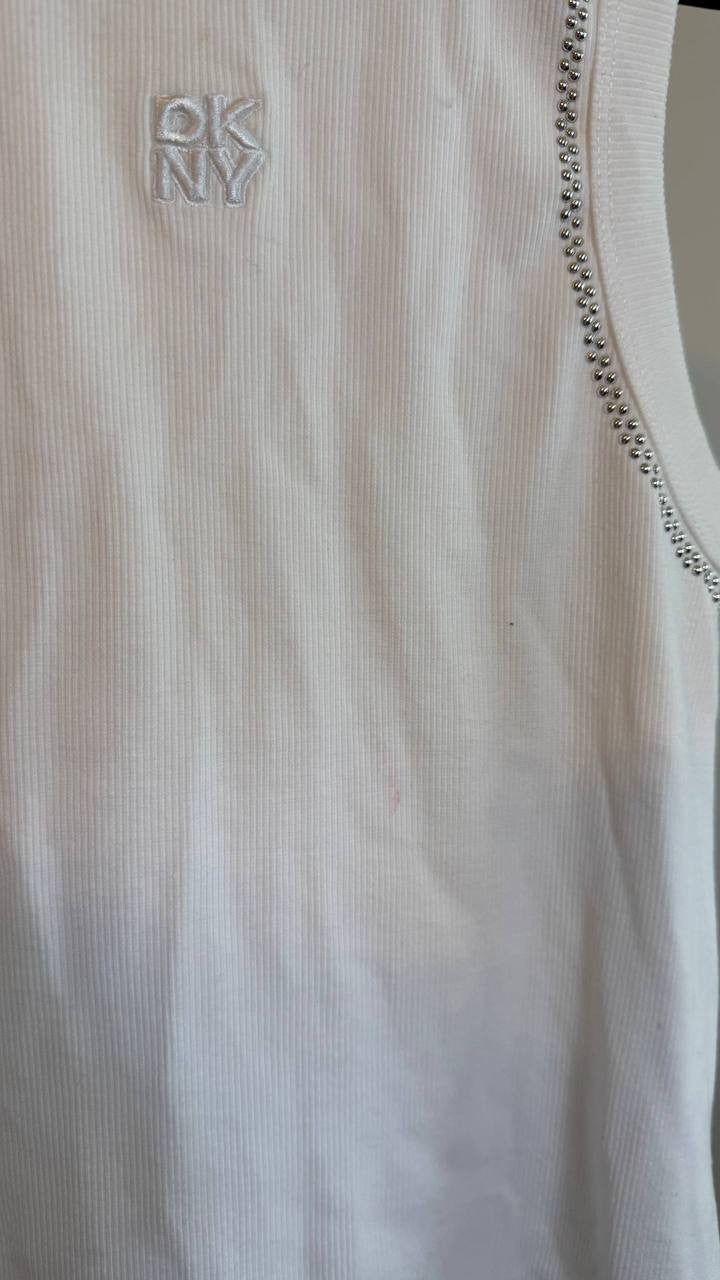DKNY Rhinestone Trim Ribbed Tank Top White  Size PS NWOT needs washing