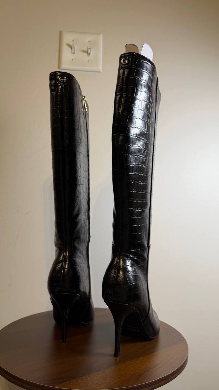 Guess Gressa Boots 7.5M Black Man‑Made Tall Pointed Toe Stiletto NIB msrp$179