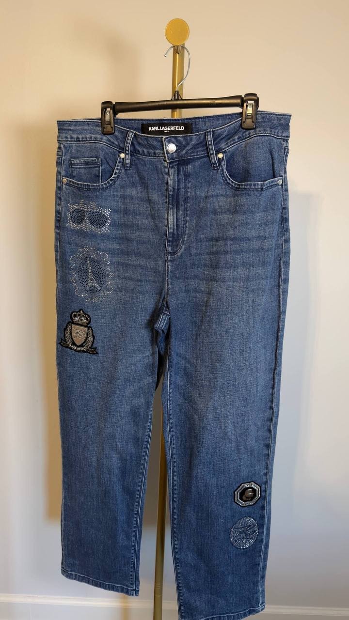 Karl Lagerfeld Patch Denim Straight‑Leg Jeans Denim Blue 16 NWT $139