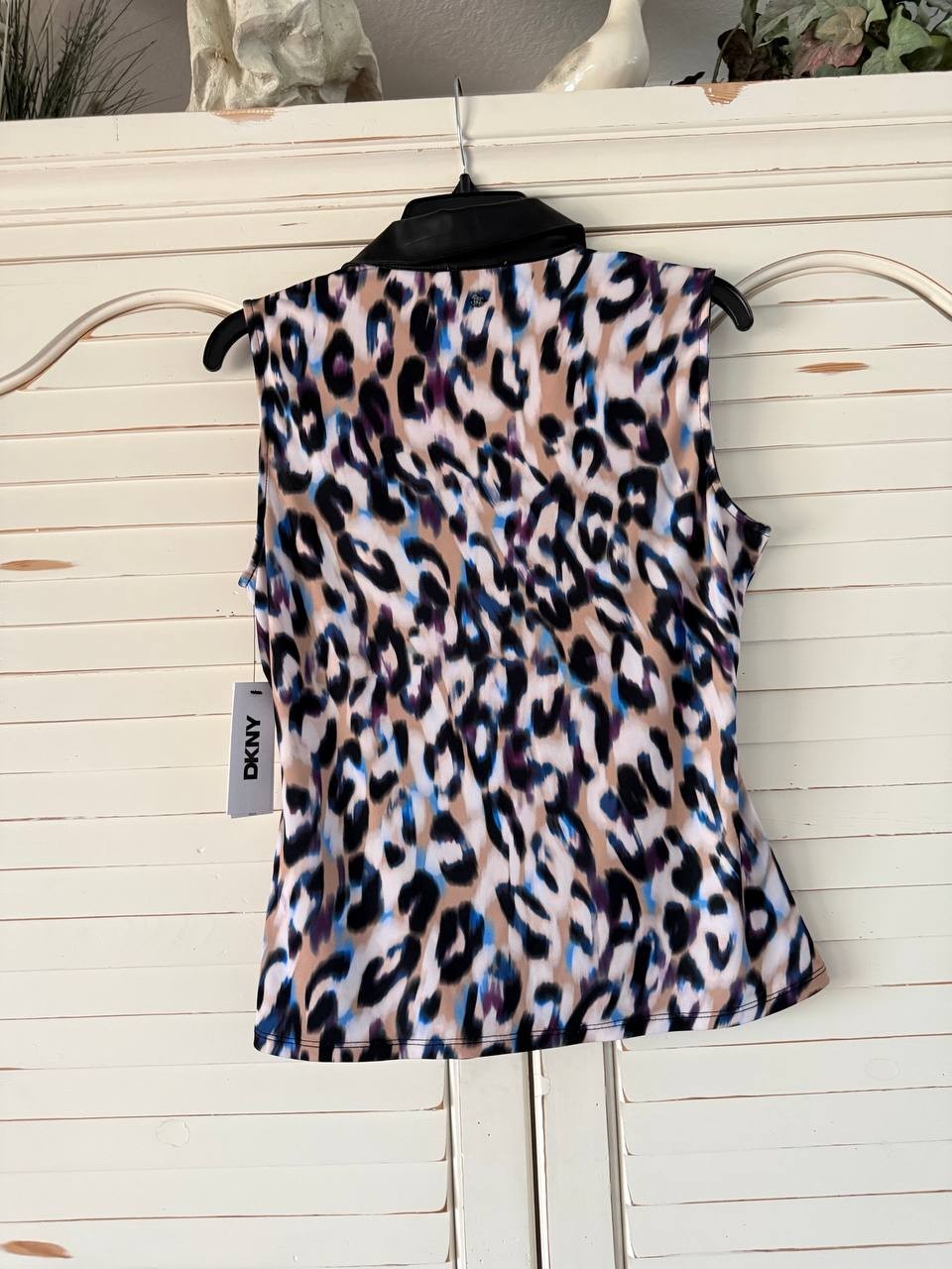 DKNY Top M Travertine Multi Printed Sleeveless Surplice Faux Leather Collar NWT