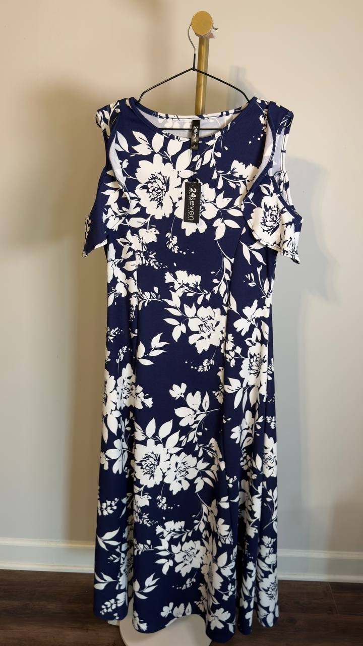 24Seven Comfort Apparel Cold Shoulder Maxi Dress Blue Multi XL NWT $117