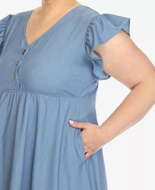 White Mark Womens' Blue Ruffle Sleeve Knee-Length Dress Plus Size 3XL