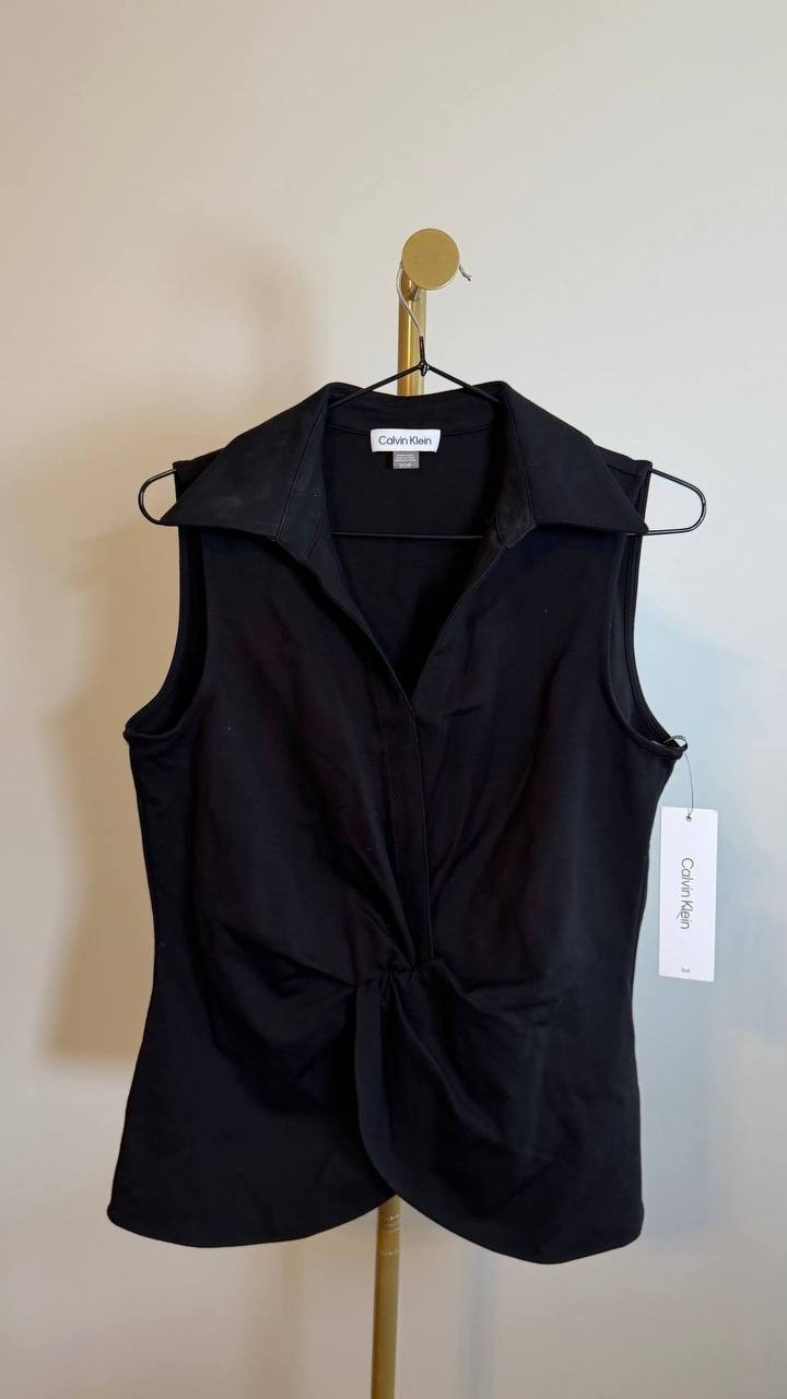 Calvin Klein Sleeveless Twist Front Tulip Hem Top Black Size S NWT needs washing