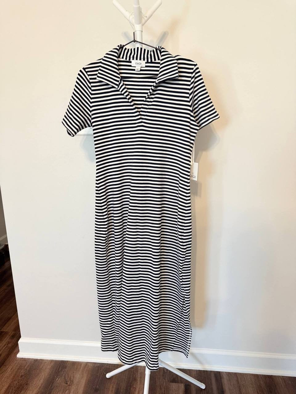 CeCe Maxi Polo‑Style Shirt Dress – White Striped – Size S – NWT – $99