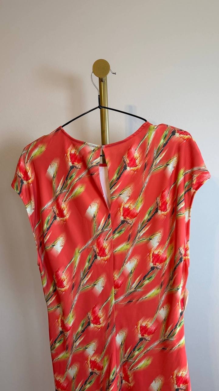 Calvin Klein Cap Sleeve Printed Satin Midi Dress Red Multi L NWT $149