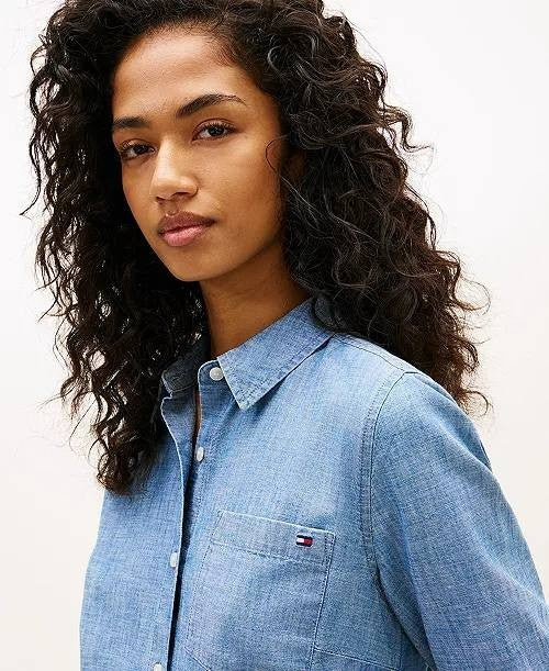 Tommy Hilfiger Chambray Roll‑Tab Button‑Front Shirt Mid Blue S NWT $79.50