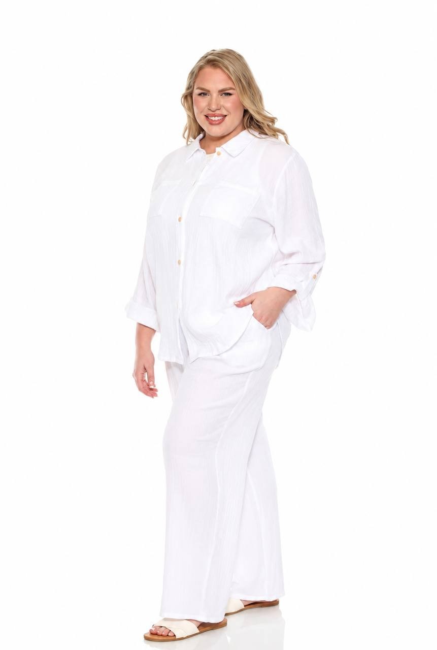White Mark Plus Size Long Sleeve Button Down Cotton Gauze Shirt White 3X NWT $92