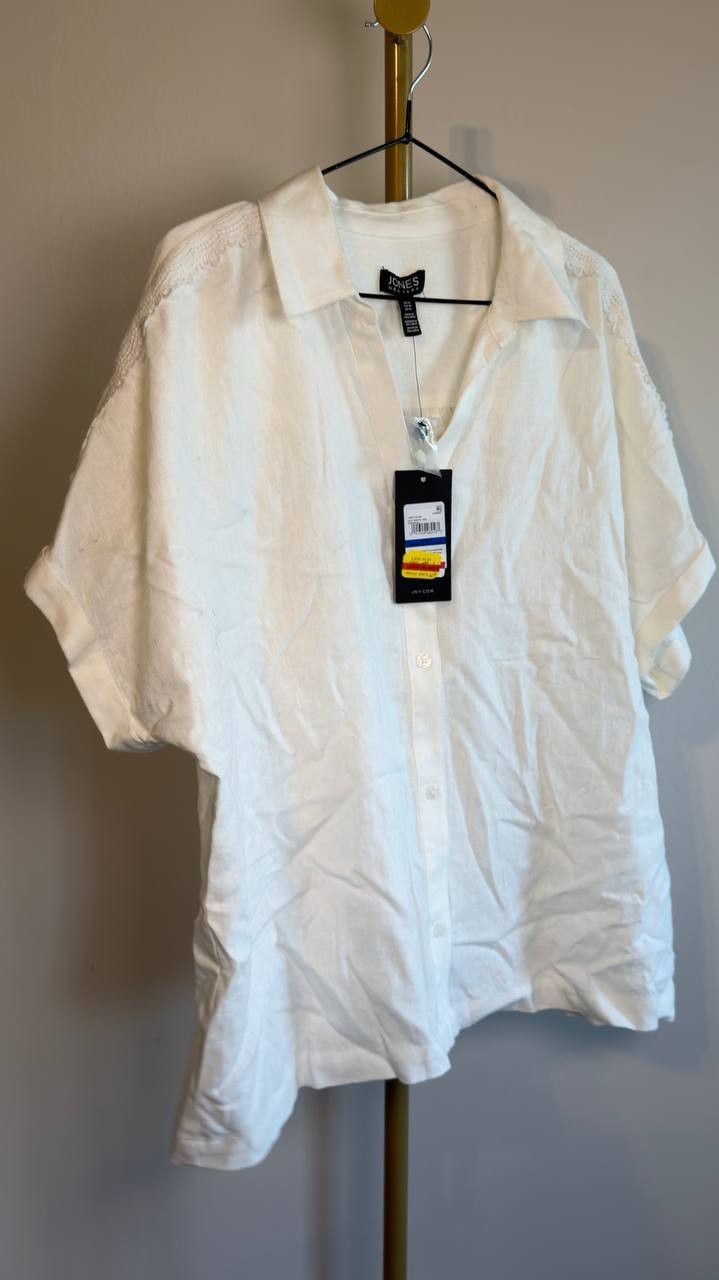 Jones New York Lace Detail Linen Blend Button-Up Shirt White XL NWT $89.50