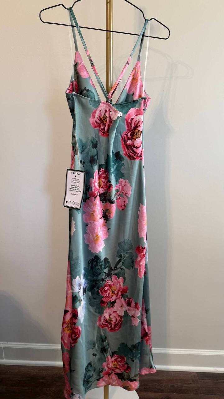 Katia Rae Juniors Floral Satin Twist‑Front Cutout Dress Multicolor M $69 NWT