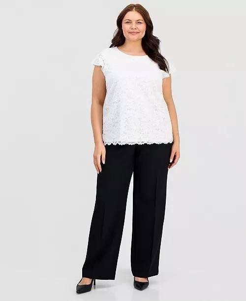 Kasper Plus Size Stretch Lace Flutter-Sleeve Top Lily White 3X NWT $69