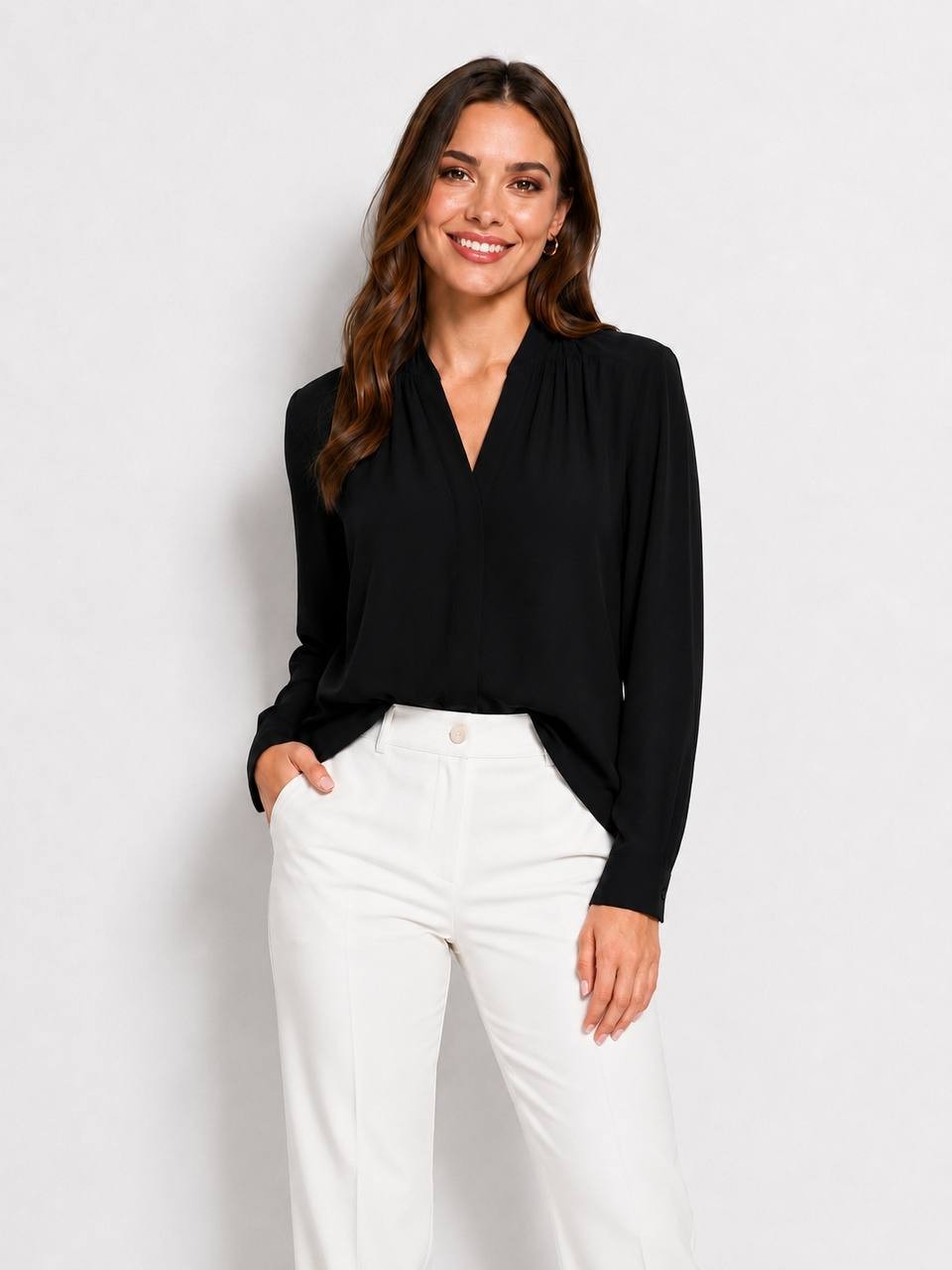 Kasper - Black - V‑Neck Blouse – Long Sleeve – NWT