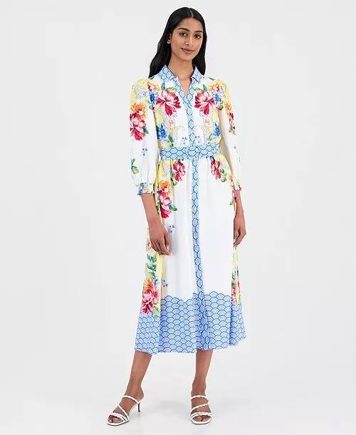 T Tahari Printed 3/4‑Sleeve Midi Shirt Dress 6 Porto Garden NWT $178