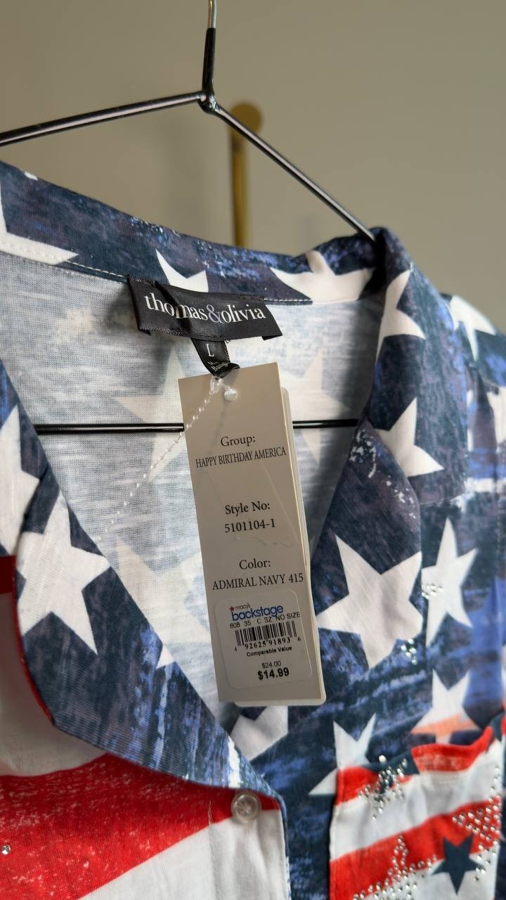 Thomas & Olivia Sleeveless Flag Button‑Front Shirt Red Multi L NWT $26