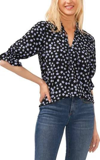 CeCe Tie Neck Floral Blouse – Size S – NWT – 3/4 Sleeve Lightweight Stretch