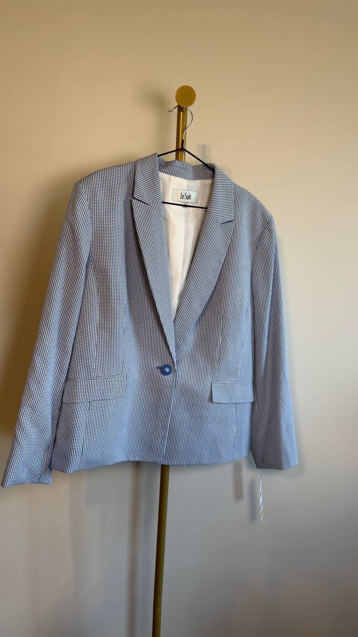 Le Suit Plaid One-Button Blazer Chambray/White 18 NWOT $90