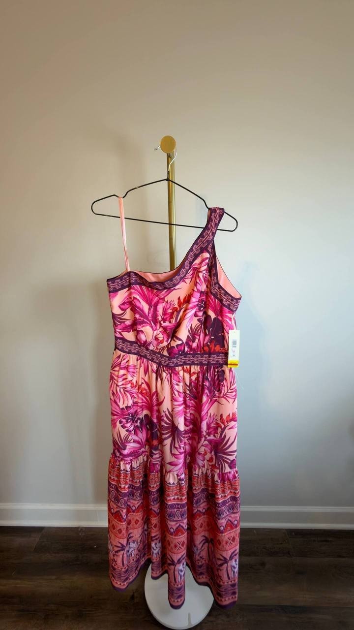 Eliza J Mixed‑Print One‑Shoulder Tiered Midi Dress Floral Multi 10 NWT $158