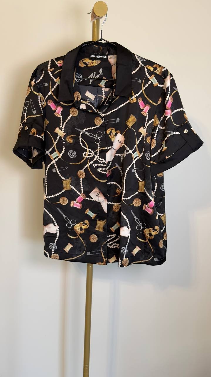 Karl Lagerfeld Paris Satin Print Camp Shirt Black L NWT $99