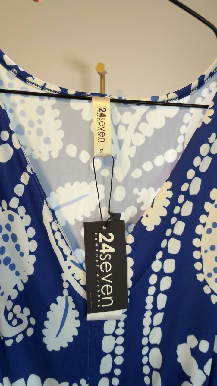24Seven Comfort Apparel Sleeveless Empire Maxi Dress White/Navy 1X NWT $53