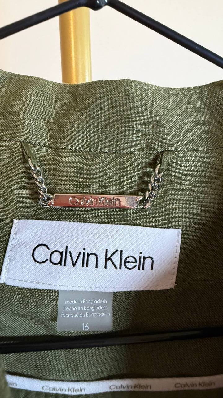 Calvin Klein Women’s Green Petite Linen-Blend 3/4-Sleeve One-Button Blazer Size