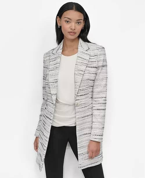DKNY Women’s White Tweed Notch-Collar One-Button Long Blazer Size 2P NWT $179