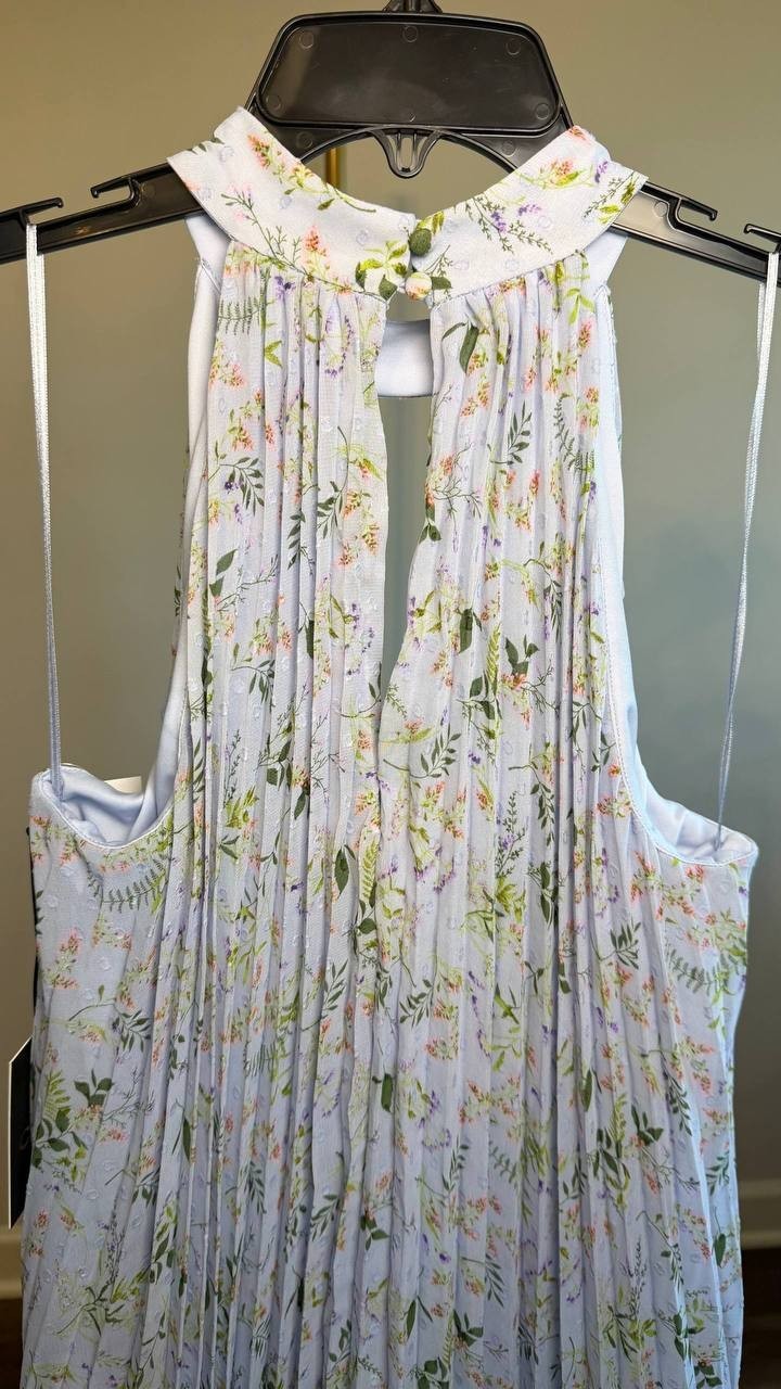 CeCe Pleated Floral‑Print Keyhole Dress Periwinkle M NWT $138