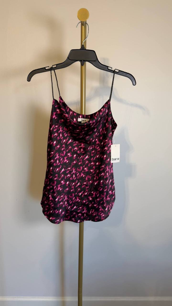 Bar III Satin Animal‑Print Drape‑Neck Top Black/Pink XS NWT $59