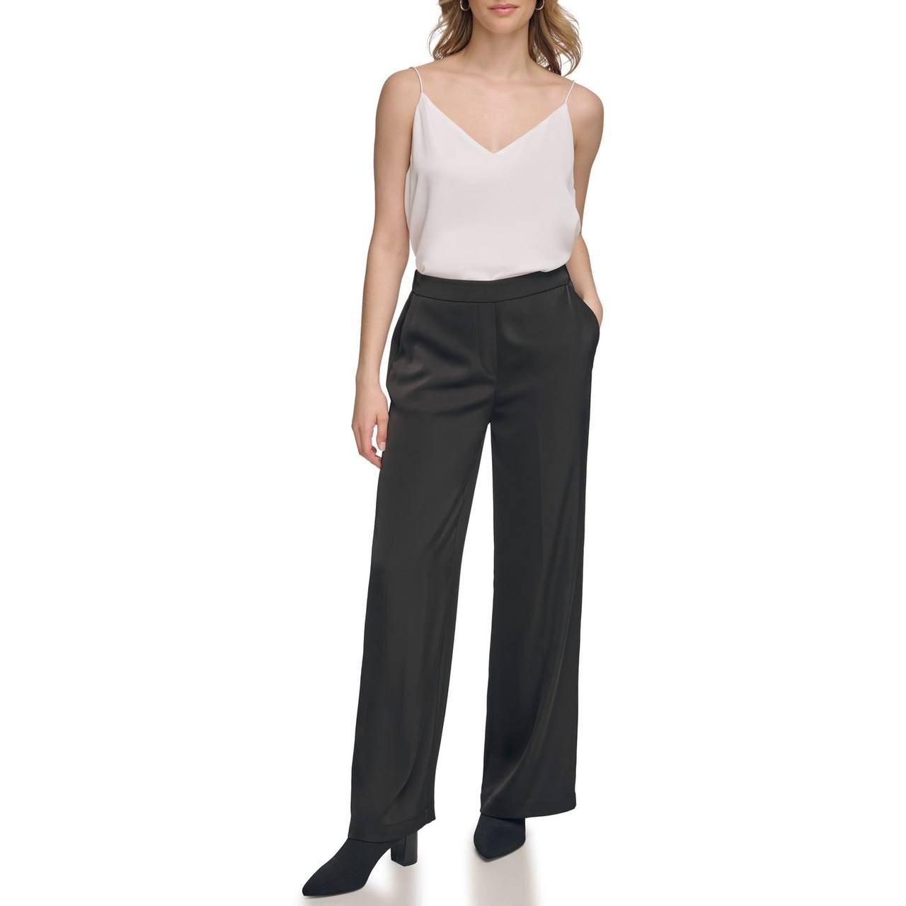Calvin Klein Satin Back Crepe Pull-On Wide Leg Pants Black XS NWT $79