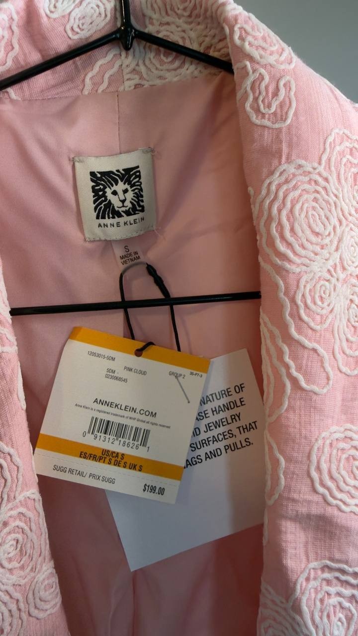 Anne Klein Embroidered Shawl‑Collar Open‑Front Blazer S Rose Cloud NWT $199