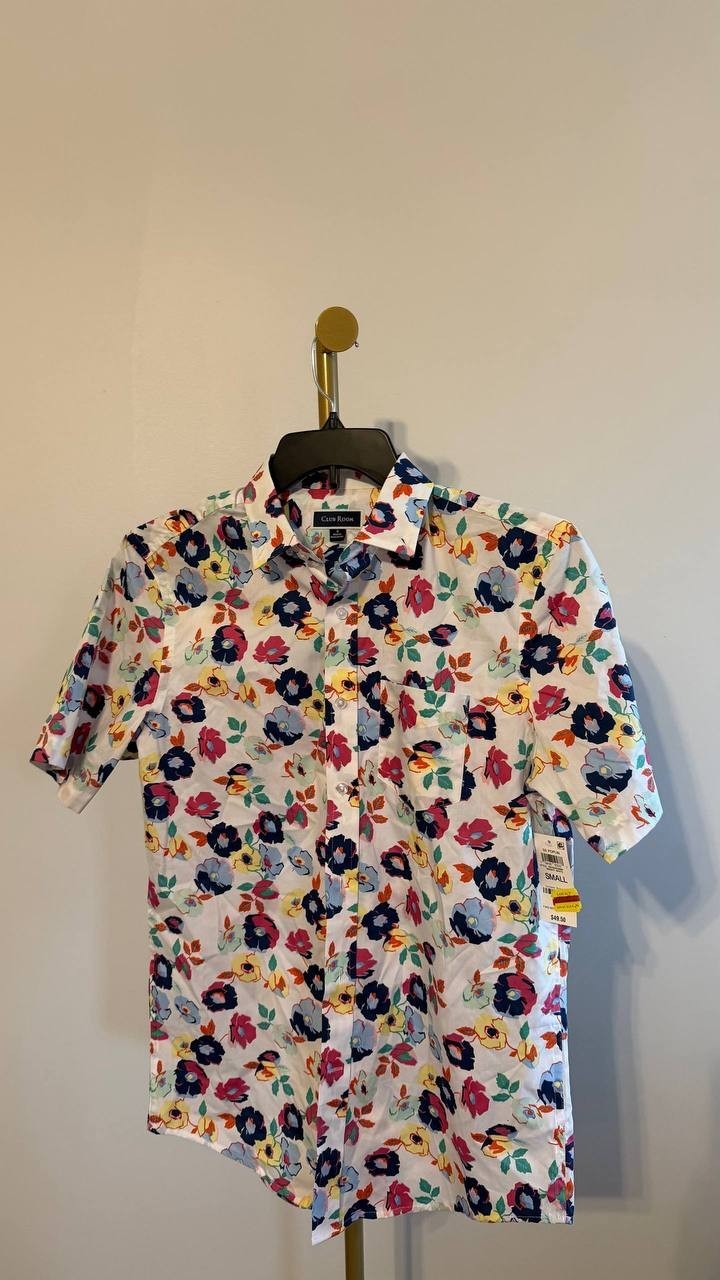 Club Room Men’s Craig Floral Poplin Short‑Sleeve Shirt White Multi S $49.50 NWT
