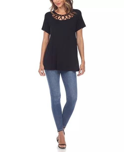White Mark Crisscross Cutout Short Sleeve Top Black L NWT $52