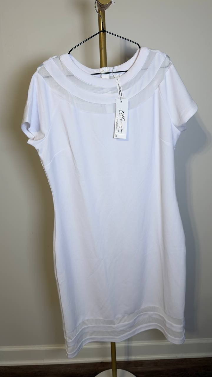 NY Collection Mesh Inset Boat Neck Dress White 1X NWT $52