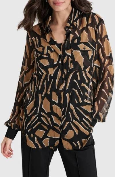 DKNY Shirt M Abstract Geo Floral Chiffon Long Sleeve Button Front Semi Sheer NWT