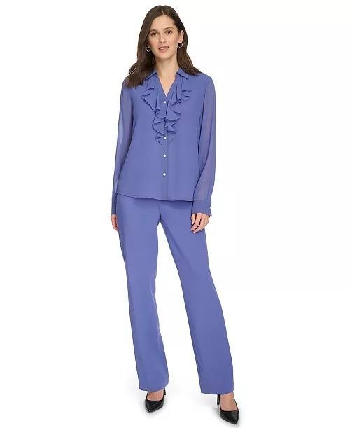 Calvin Klein Petite Ruffle‑Front Long‑Sleeve Blouse – Size PS – NWT – $74