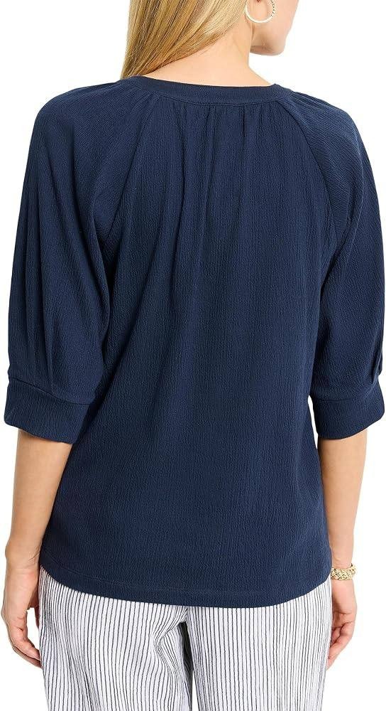 Nic+Zoe Elbow Sleeve Split Neck Crinkly Knit Top Dark Indigo L NWT $118