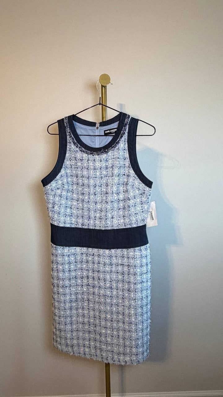 Karl Lagerfeld Paris Tweed A‑Line Dress Chambray Blue Marine 8 NWT $168