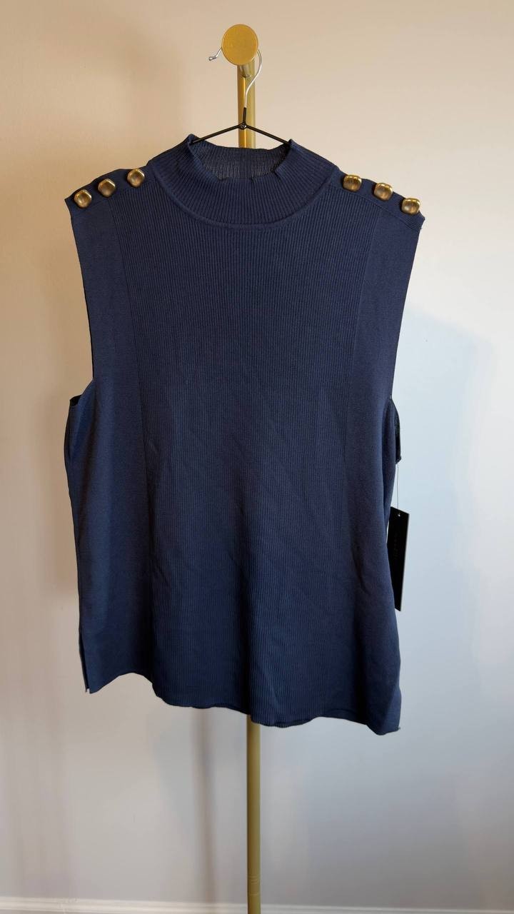 Donna Karan New York Sleeveless Rib Knit Top Gold Buttons Navy L NWT $99