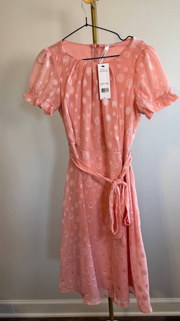 NY Collection Women’s Petite Swiss Dot Belted Dress Pink PM $58 NWT