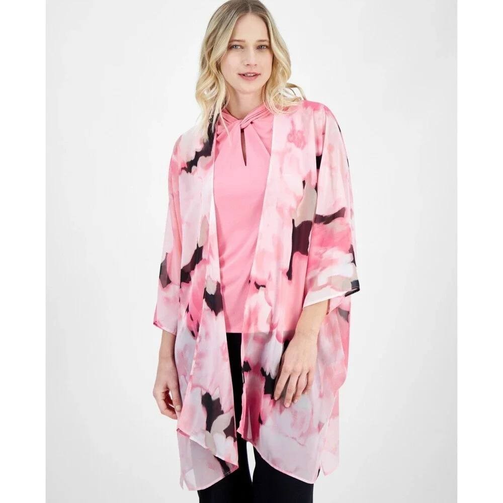 Anne Klein Plus Size Chiffon Kimono Peony Pink Multi S/M NWT $89