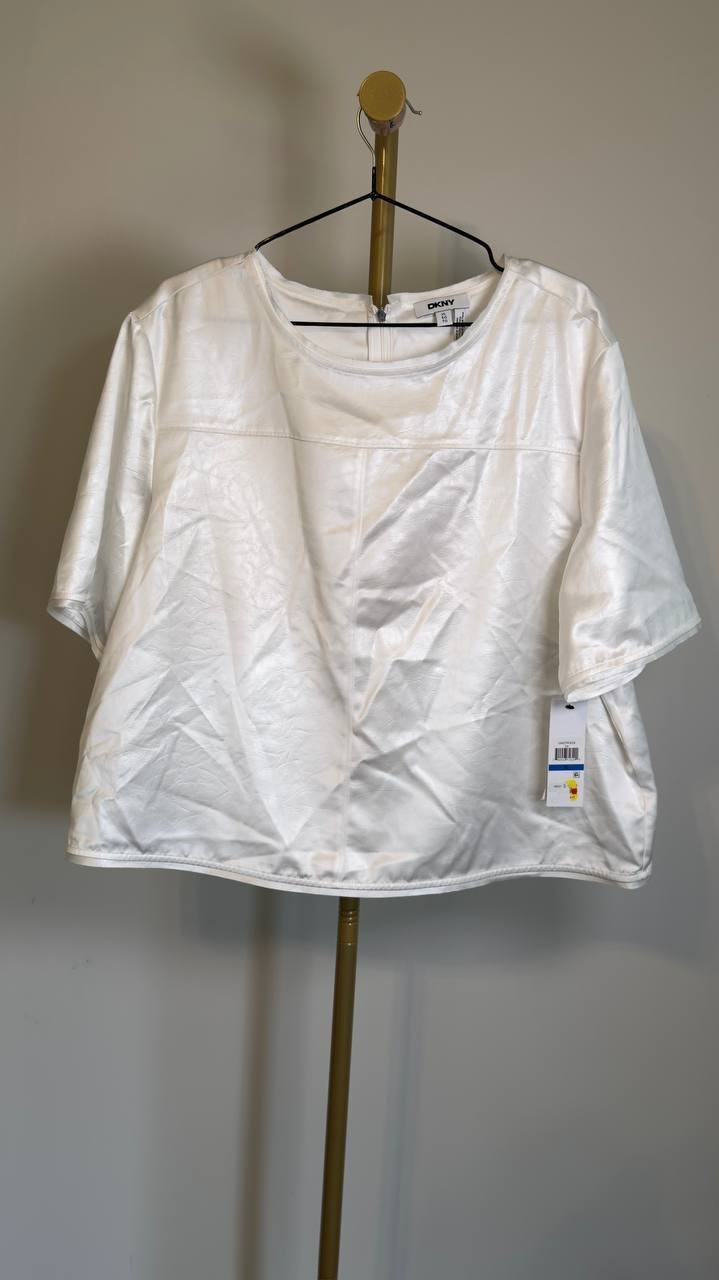 DKNY Crackle Woven Crewneck Short Sleeve Blouse Ivory XL NWT $79