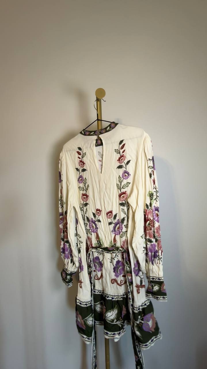 FARM Rio Rococo Long‑Sleeve Tiered Mini Dress White Multi M NWT $248
