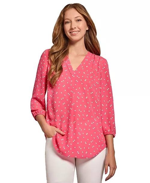 Jones New York Petite Kelly Heart‑Print 3/4‑Sleeve Top Fresh Guava XL NWT $69.50