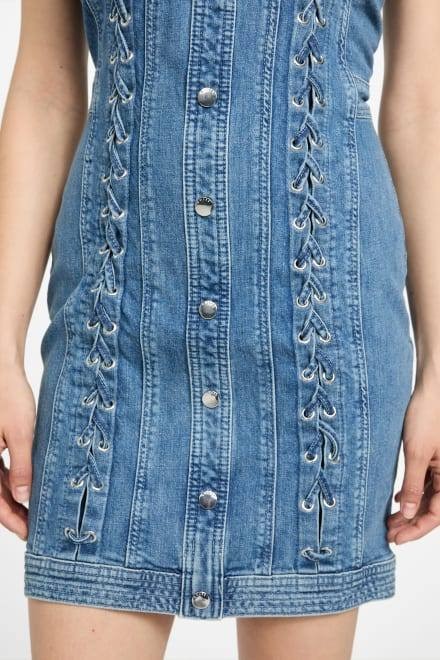 Guess Lisbeth Midi Denim Dress Lace Up Blue Size L NWT $188