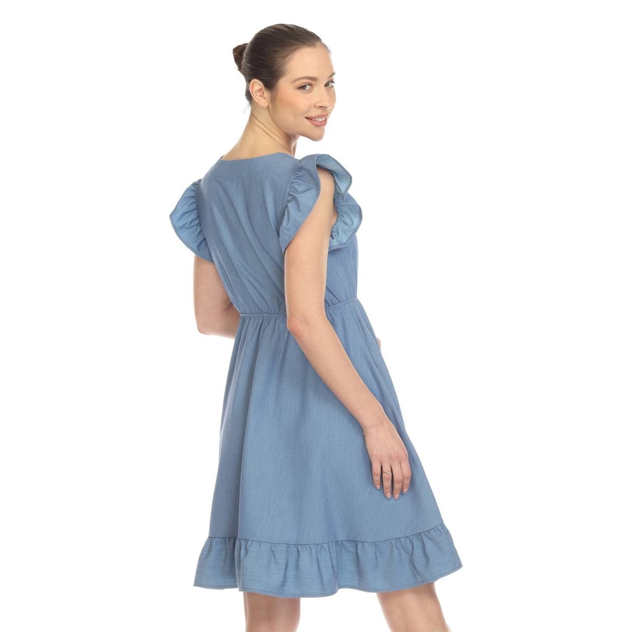 White Mark Ruffle Sleeve Button-Front Knee-Length Dress Blue L NWT $76