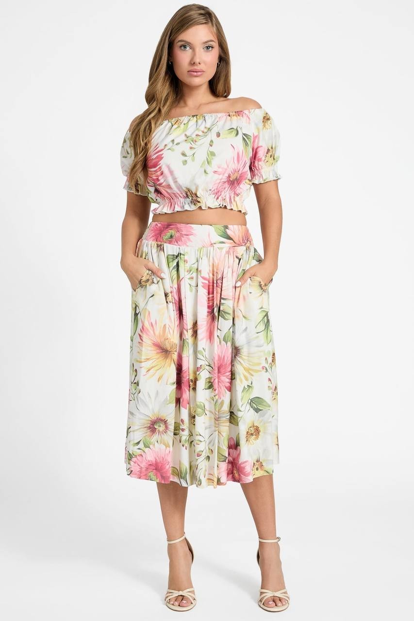 Guess Eco Elodie Floral Midi Skirt Daisies Print White Yellow Size S NWT $118