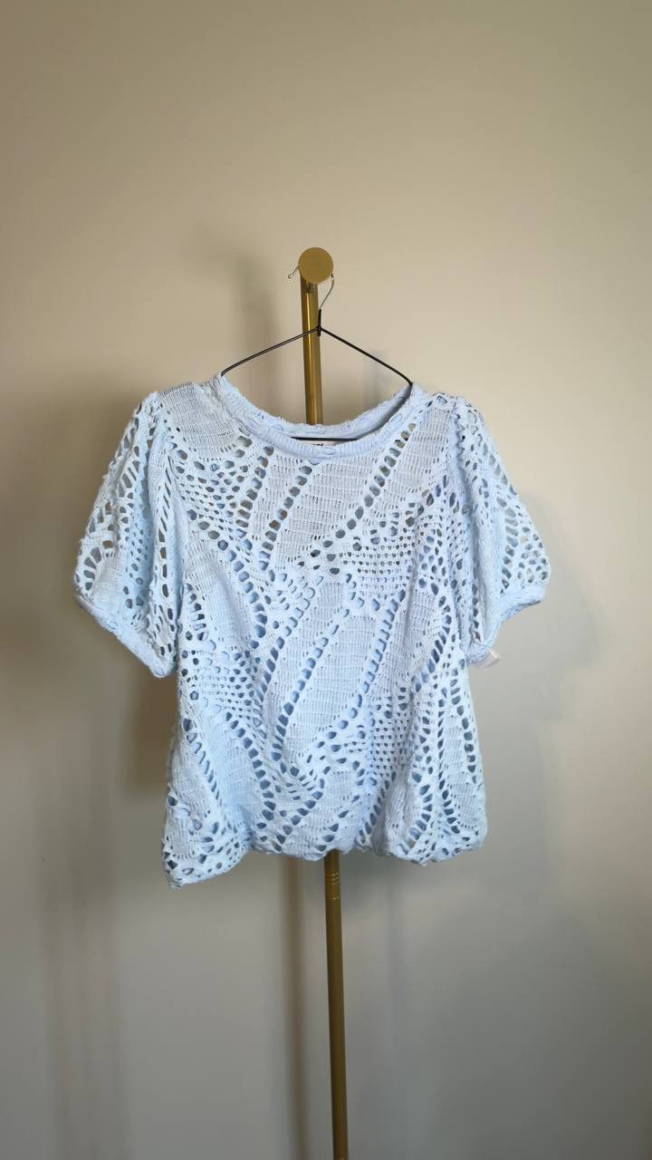 DKNY Leaf Crochet Short‑Sleeve Cotton Top Blue M NWT $99