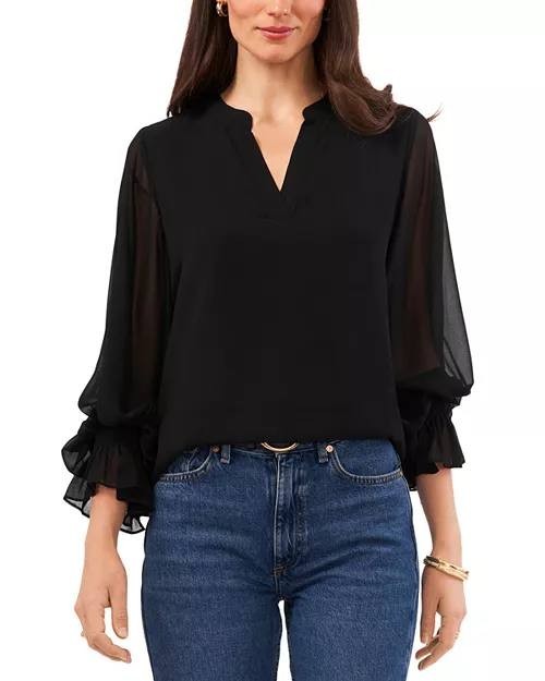 Vince Camuto V-Neck Sheer Sleeve Top Size S Black $79