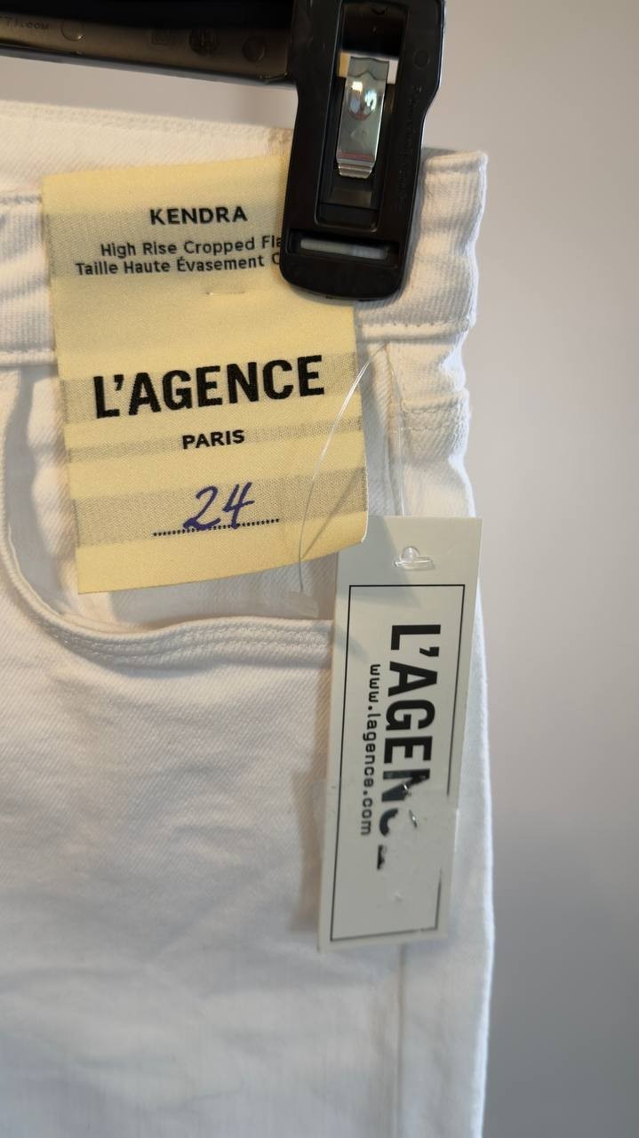 L’Agence Kendra High Rise Crop Flare Jeans Raw Hem White 24 NWT $275